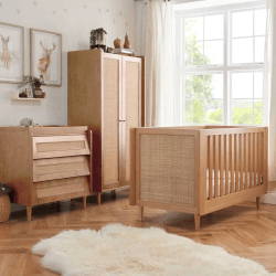 Image showing the Japandi 3 Piece Rattan Cot Bed Nursery Furniture Set, Light Oak product.