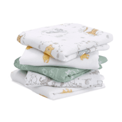 Image showing the Essentials Pack of 5 Cotton Muslin Squares, 60 x 60cm, Winnie & Friends product.