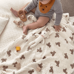 Image showing the The Bear Muslin Blanket Swaddle, 90 x 120cm, Cream product.