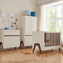 Image showing the Fuori 3 Piece Modern Cot Bed Nursery Furniture Set, White Sand/Warm Walnut product.