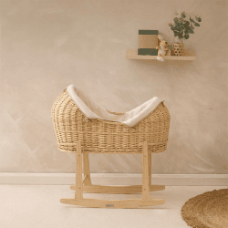 Image showing the Organic Noah Pod Moses Basket & Deluxe Rocking Stand Bundle, Cream product.