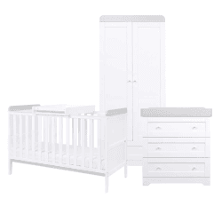 Image showing the Rio 3 Piece Cot Bed Nursery Furniture Set, White/Dove Grey product.
