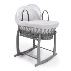 Image showing the Waffle Grey Wicker Moses Basket & Deluxe Rocking Stand Bundle, Grey/White product.