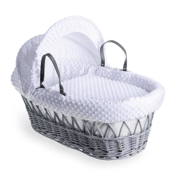 Image showing the Dimple Grey Wicker Moses Basket & Deluxe Rocking Stand Bundle, Grey/White product.