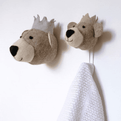 Image showing the Baby Bear with Crown Mini Felt Animal Wall Decoration, H15 x W20 x D18cm, Grey/Blue product.