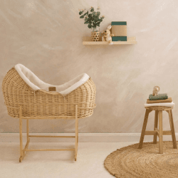 Image showing the Organic Noah Pod Moses Basket & Deluxe Rocking Stand Bundle, Cream product.