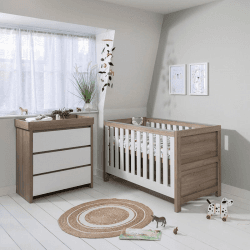 Image showing the Modena 2 Piece Cot Bed Nursery Furniture Set, White/Oak product.