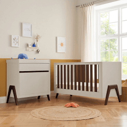 Image showing the Fuori 2 Piece Modern Cot Bed Nursery Furniture Set, White Sand/Warm Walnut product.