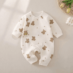 Image showing the The Happy Bear Boucle Wrap Baby Grow Romper, 3 - 6 Months, White product.