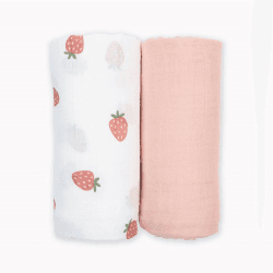Image showing the Pack of 2 Cotton Swaddles, Strawberries & Ballet Slipper Pink product.