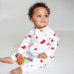 Image showing the Love Heart Bamboo Zip Sleepsuit Romper One Piece, Newborn, White product.