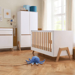 Image showing the Fuori 3 Piece Modern Cot Bed Nursery Furniture Set, White/Light Oak product.