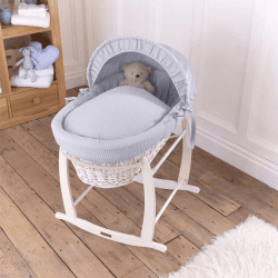 Image showing the Waffle White Wicker Moses Basket & Rocking Stand Bundle, White/Grey product.