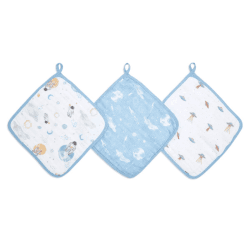 Image showing the Essentials Pack of 3 Cotton Muslin Washcloths, 30 x 30cm, Space Explorers product.