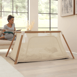 Image showing the CoZee Go Travel Cot, Scandinavian Walnut/Ecru product.
