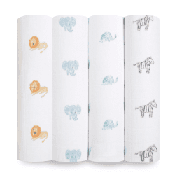 Image showing the Boutique Pack of 4 Large Organic Cotton Muslin Swaddles, 120 x 120cm, Animal Kingdom product.