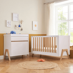 Image showing the Fuori 2 Piece Modern Cot Bed Nursery Furniture Set, White/Light Oak product.