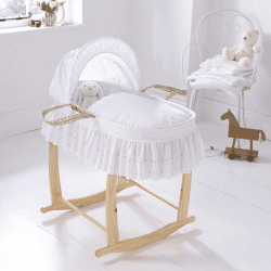 Image showing the Broderie Anglaise Palm Moses Basket & Deluxe Natural Rocking Stand Bundle, White product.