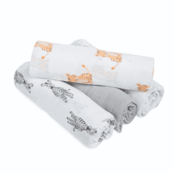 Image showing the Essentials Pack of 4 Cotton Muslin Swaddles, 112 x 112cm, Safari Babes product.
