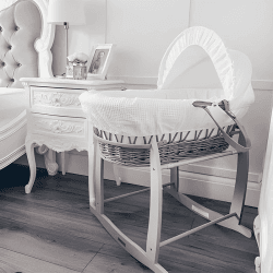 Image showing the Waffle Grey Wicker Moses Basket & Deluxe Rocking Stand Bundle, Grey/White product.