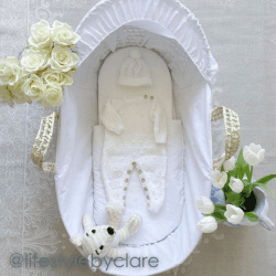 Image showing the Broderie Anglaise Palm Moses Basket & Deluxe Natural Rocking Stand Bundle, White product.