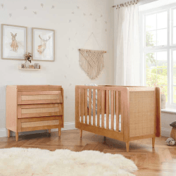 Image showing the Japandi 2 Piece Rattan Cot Bed Nursery Furniture Set, Light Oak product.