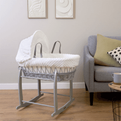 Image showing the Dimple Grey Wicker Moses Basket & Deluxe Rocking Stand Bundle, Grey/White product.