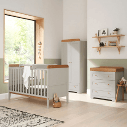 Image showing the Rio 3 Piece Cot Bed Nursery Furniture Set, Dove Grey/Oak product.