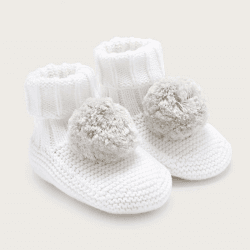 Image showing the Knitted Pom Pom Booties, 6 - 12 Months, White product.