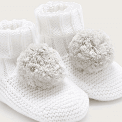 Image showing the Knitted Pom Pom Booties, 6 - 12 Months, White product.