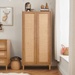 Image showing the Japandi 3 Piece Rattan Cot Bed Nursery Furniture Set, Light Oak product.