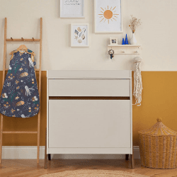 Image showing the Fuori 2 Piece Modern Cot Bed Nursery Furniture Set, White Sand/Warm Walnut product.