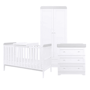Image showing the Rio 3 Piece Cot Bed Nursery Furniture Set, White/Dove Grey product.