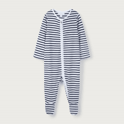 Image showing the Organic Cotton Stripe Zip Sleepsuit Navy, 0 - 3 Months, Navy/White product.