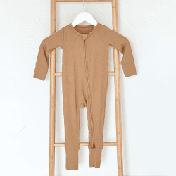 Image showing the Brown Ribbed Bamboo Zip Sleepsuit Romper One Piece, 0 - 3 Months, Brown product.
