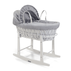 Image showing the Waffle White Wicker Moses Basket & Rocking Stand Bundle, White/Grey product.