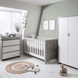Image showing the Modena 3 Piece Cot Bed Nursery Furniture Set, Grey Ash/White product.