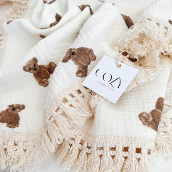 Image showing the The Bear Muslin Frill Blanket Swaddle, 100 x 120cm, Cream product.