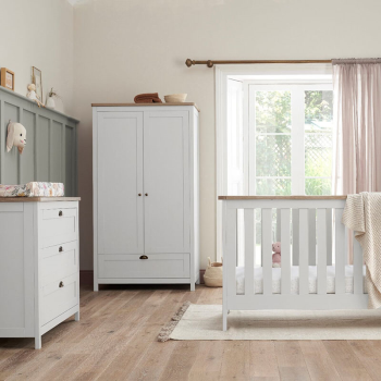 Image showing the Verona 3 Piece Cot Bed Nursery Furniture Set, White/Oak product.