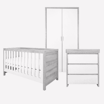 Image showing the Modena 3 Piece Cot Bed Nursery Furniture Set, Grey Ash/White product.