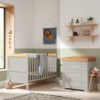 Image showing the Rio 2 Piece Cot Bed Nursery Furniture Set, Dove Grey/Oak product.