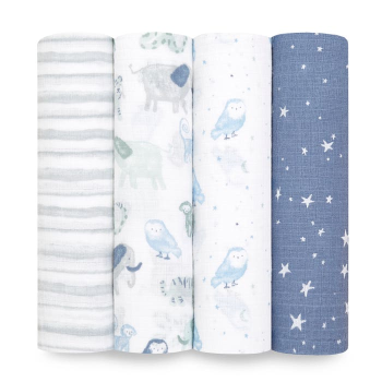 Image showing the Essentials Pack of 4 Cotton Muslin Swaddles, 112 x 112cm, Time to Dream product.