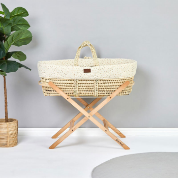Image showing the Natural Quilted Moses Basket Bundle incl. Static Stand & Mattress, Printed Linen product.