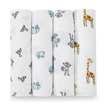 Image showing the Boutique Pack of 4 Large Cotton Muslin Swaddles, 120 x 120cm, Jungle Jam product.