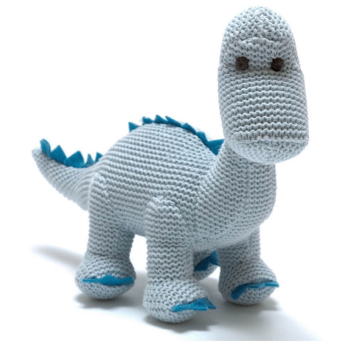 Image showing the Knitted Organic Cotton Blue Diplodocus Dinosaur Baby Rattle, Blue product.