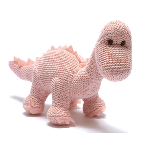 Image showing the Knitted Organic Cotton Pink Diplodocus Dinosaur Baby Rattle, Pink product.