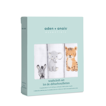 Image showing the Essentials Pack of 3 Cotton Muslin Washcloths, 30 x 30cm, Safari Babes product.