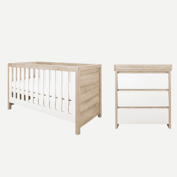 Image showing the Modena 2 Piece Cot Bed Nursery Furniture Set, White/Oak product.