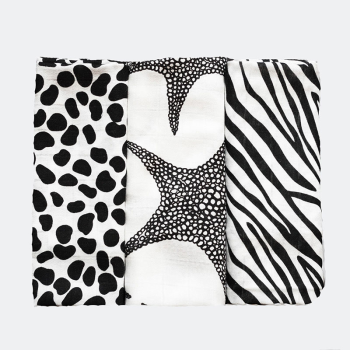Image showing the Animal Pack of 3 Sensory Organic Cotton Muslin Squares, 60 x 60cm, Black & White product.