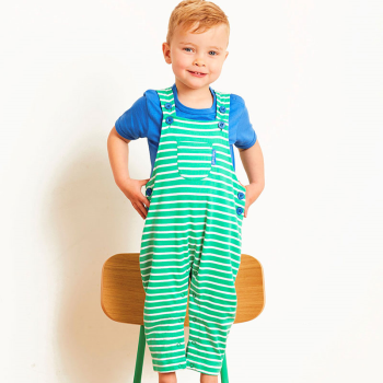 Image showing the Breton Organic Cotton Dungarees, 3 - 6 Months, Green Stripe product.